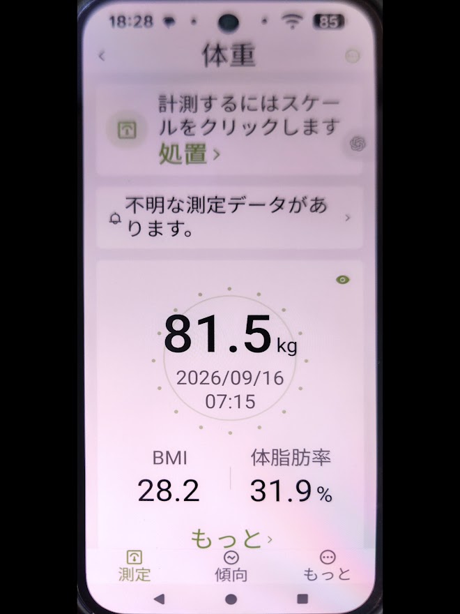 9月16日7時15分。体重81.5kg、BMI28.2、体脂肪率31.9%