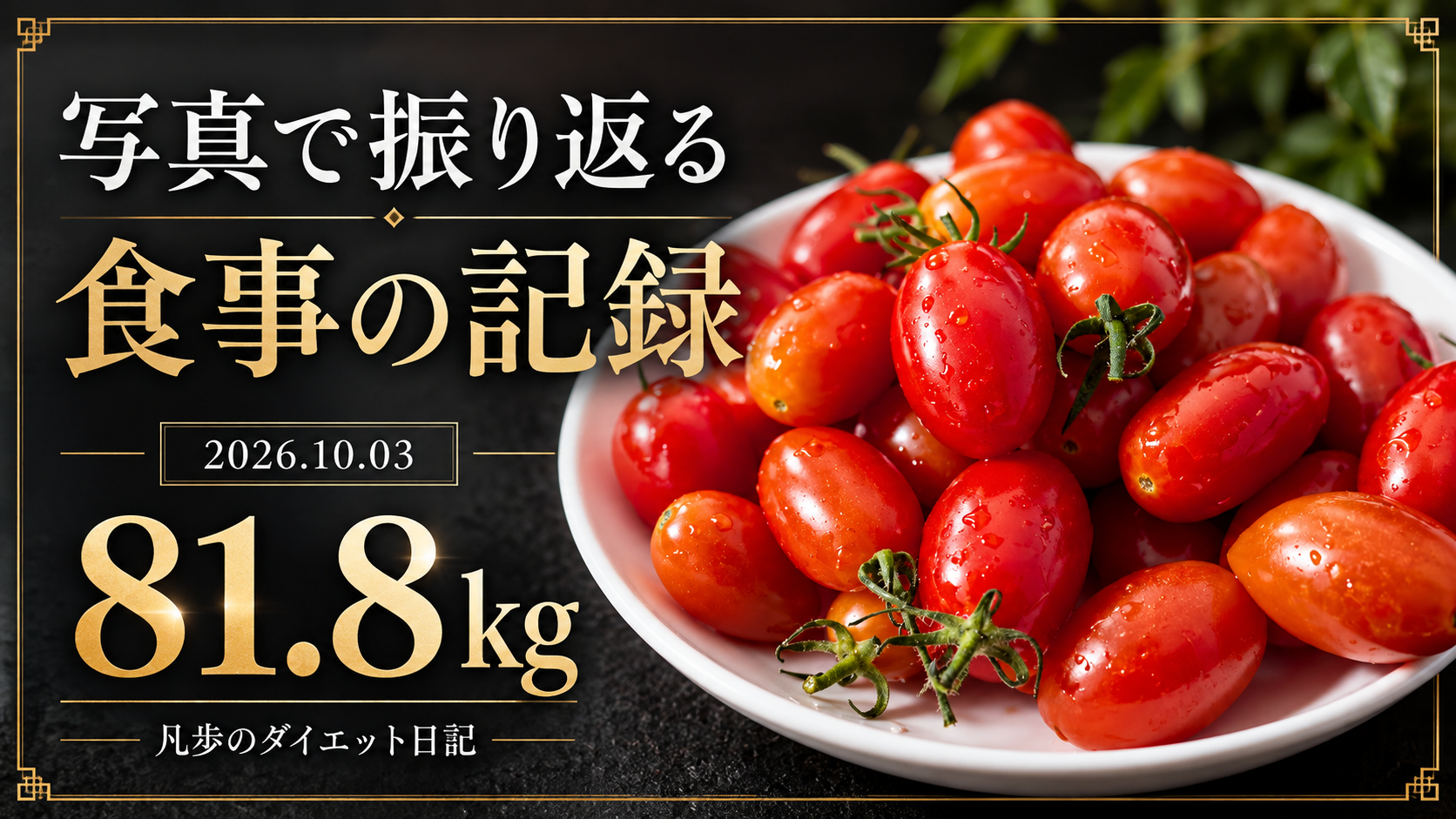 10月3日、体重81.8kg。赤いミニトマトと黒・金のデザインで綴る凡歩のダイエット日記