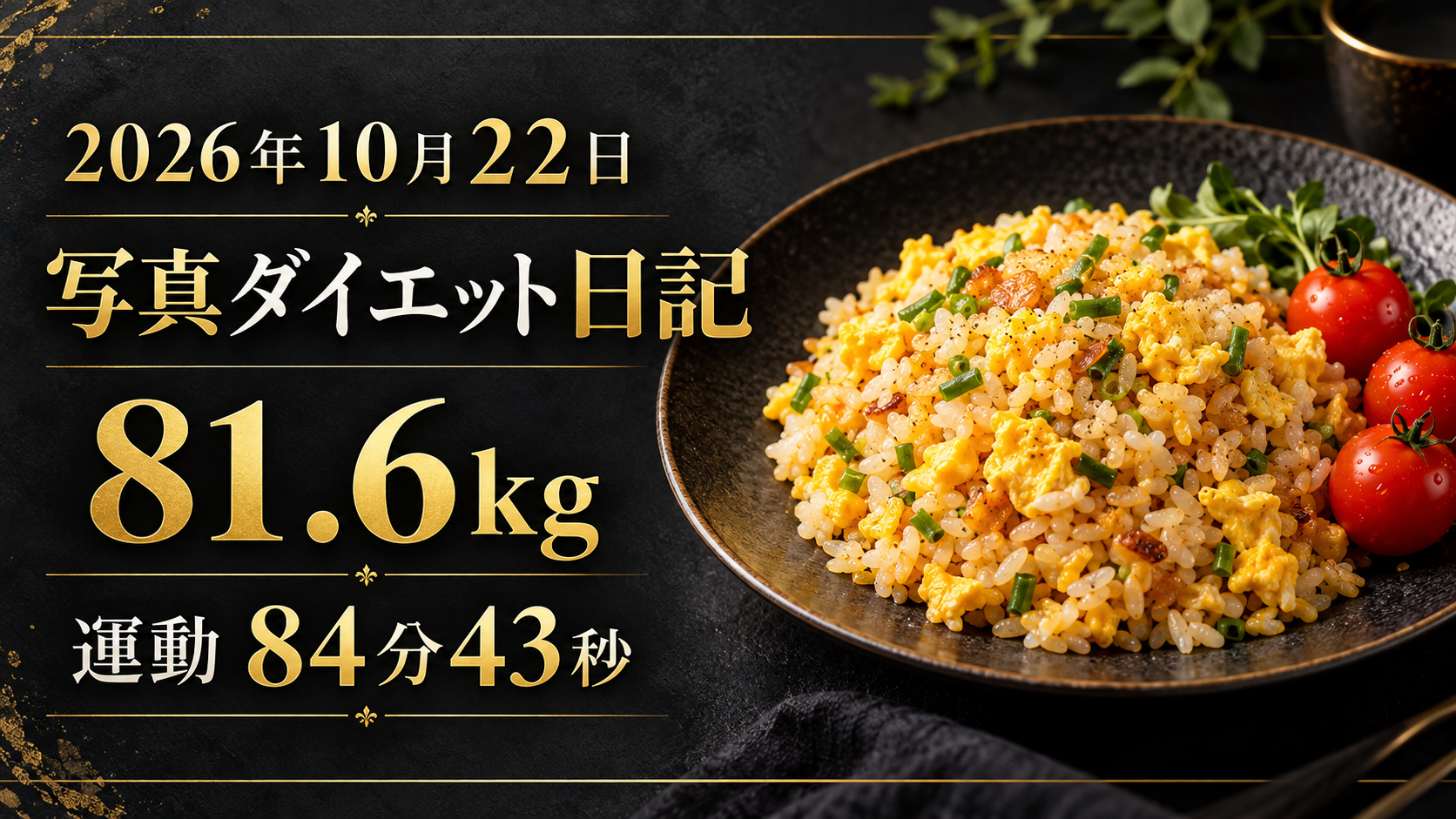 10月22日の写真ダイエット日記。体重81.6kg、運動84分43秒。黒と金の表紙、料理はイメージです。