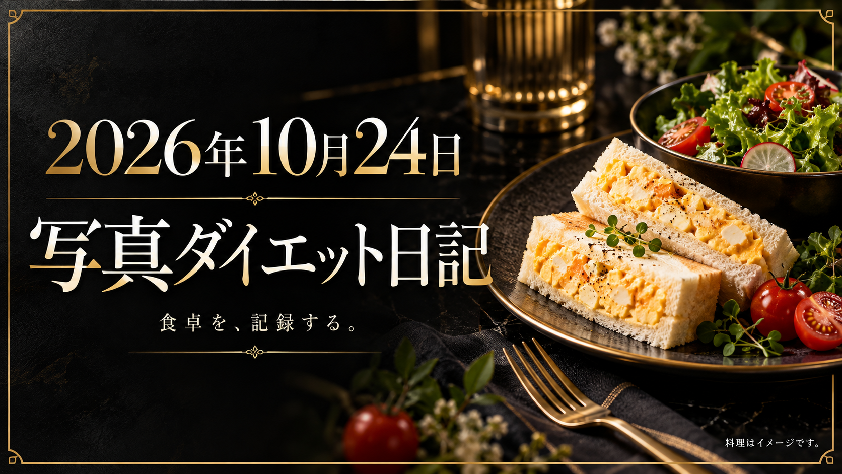 2026年10月24日 写真ダイエット日記。黒と金の背景に卵サンドとサラダ。料理はAIで作成したイメージです。