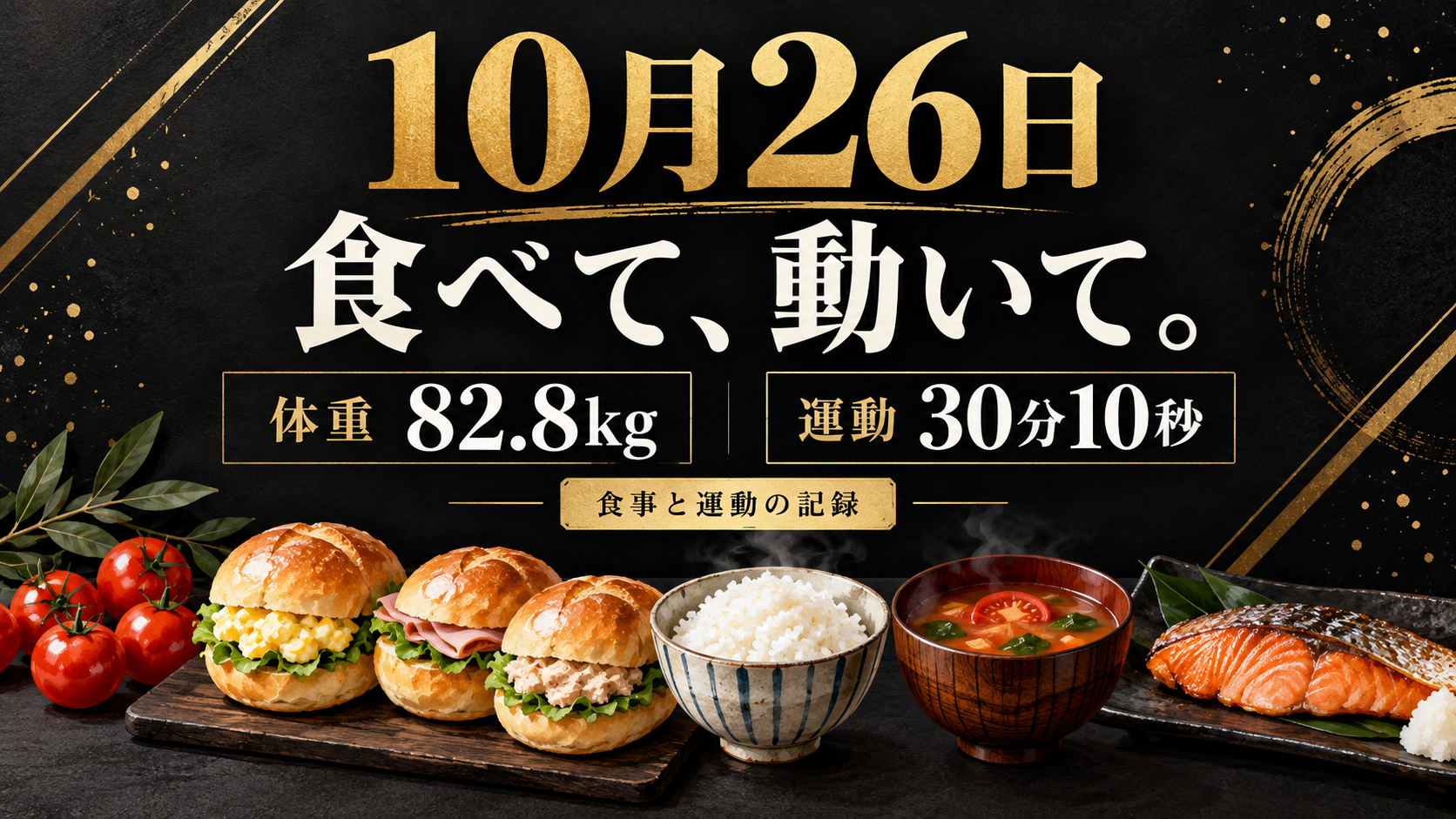 10月26日・82.8kg・運動30分10秒。黒と金の表紙。料理はAIによるイメージです。