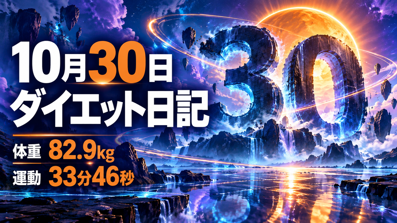 10月30日のダイエット日記。体重82.9kg、運動33分46秒。宇宙に巨大な30が浮かぶアイキャッチ。