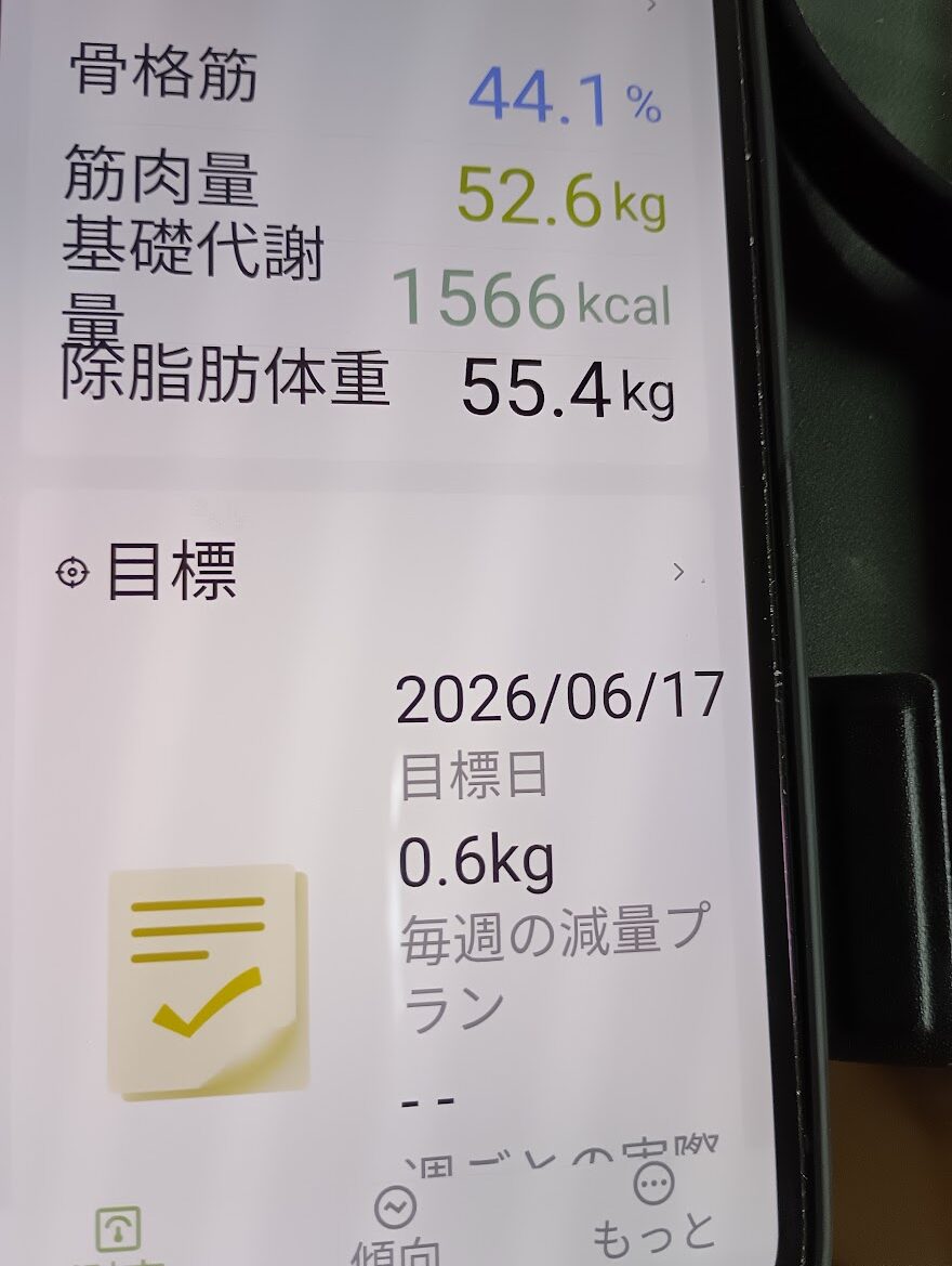 骨格筋44.1%、筋肉量52.6kg、基礎代謝量1566kcal、除脂肪体重55.4kgの表示