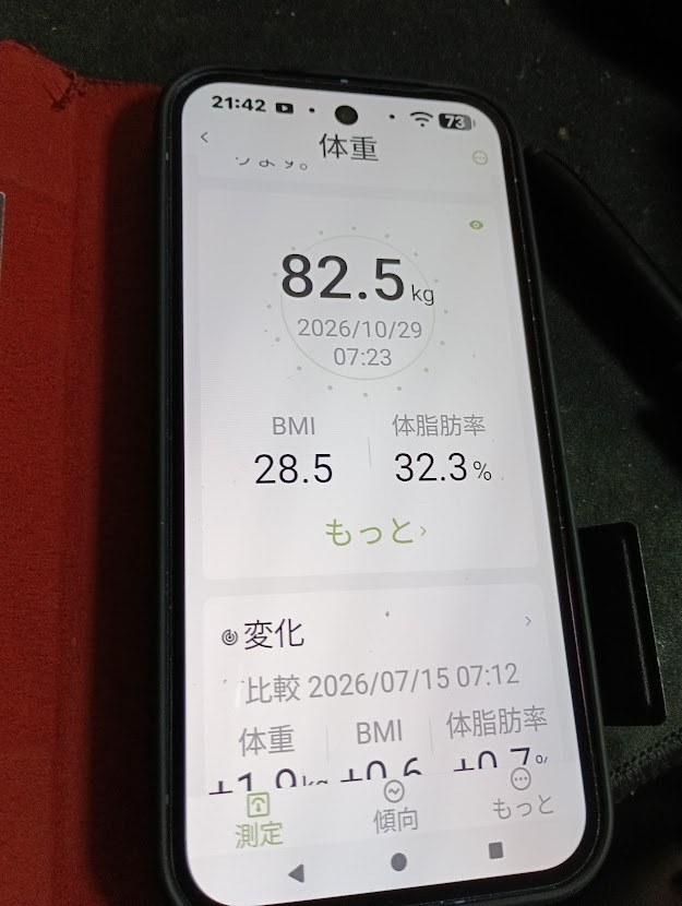 10月29日7時23分:体重82.5kg、BMI28.5、体脂肪率32.3%