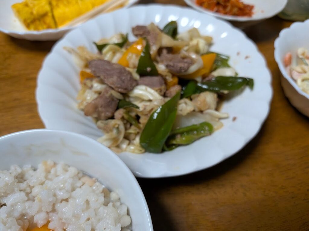 肉の野菜炒め。食べた量は3口くらい